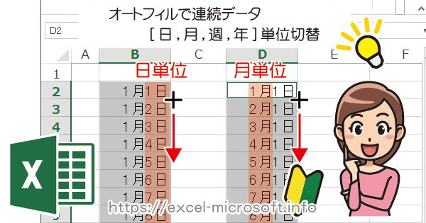 オートフィルで連続データ[日,月,週,年]単位切替｜Excelの使い方