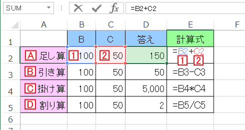 四則演算 足し算 引き算 掛け算 割り算 Excel エクセル の使い方