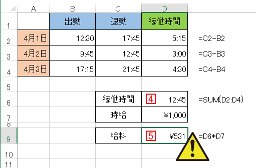 エクセルで時給計算は単純計算では正しく計算されない