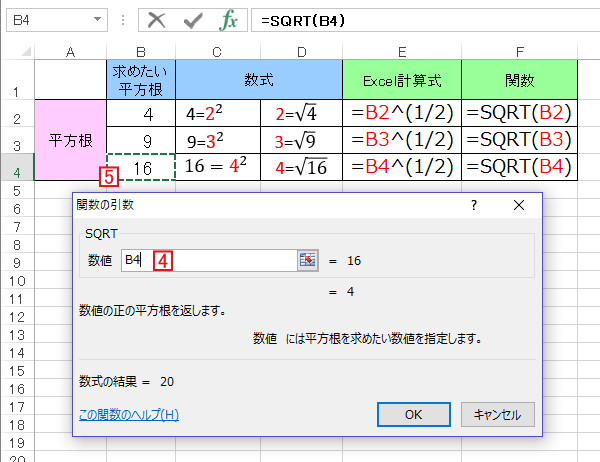 ExcelのSQRT関数の引数ダイアログ