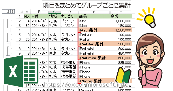 同じ項目をまとめてグループごとに集計 Excel エクセル の使い方